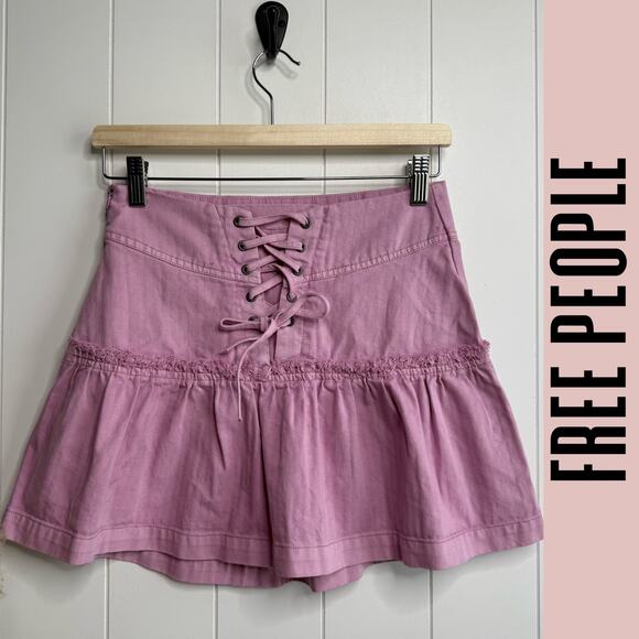 Free People mini skirt ruffled tiered pleated lace-up boho XS - Picture 3 of 9
